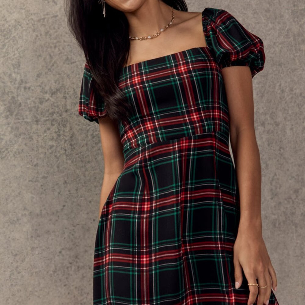 Tabitha Puff Sleeve Waisted Plaid Mini Dress